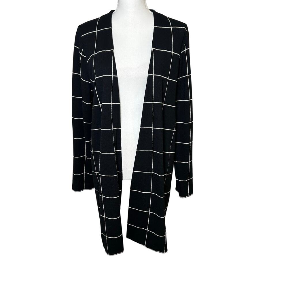 Eileen Fisher black windowpane pattern 100% wool open long cardigan size L